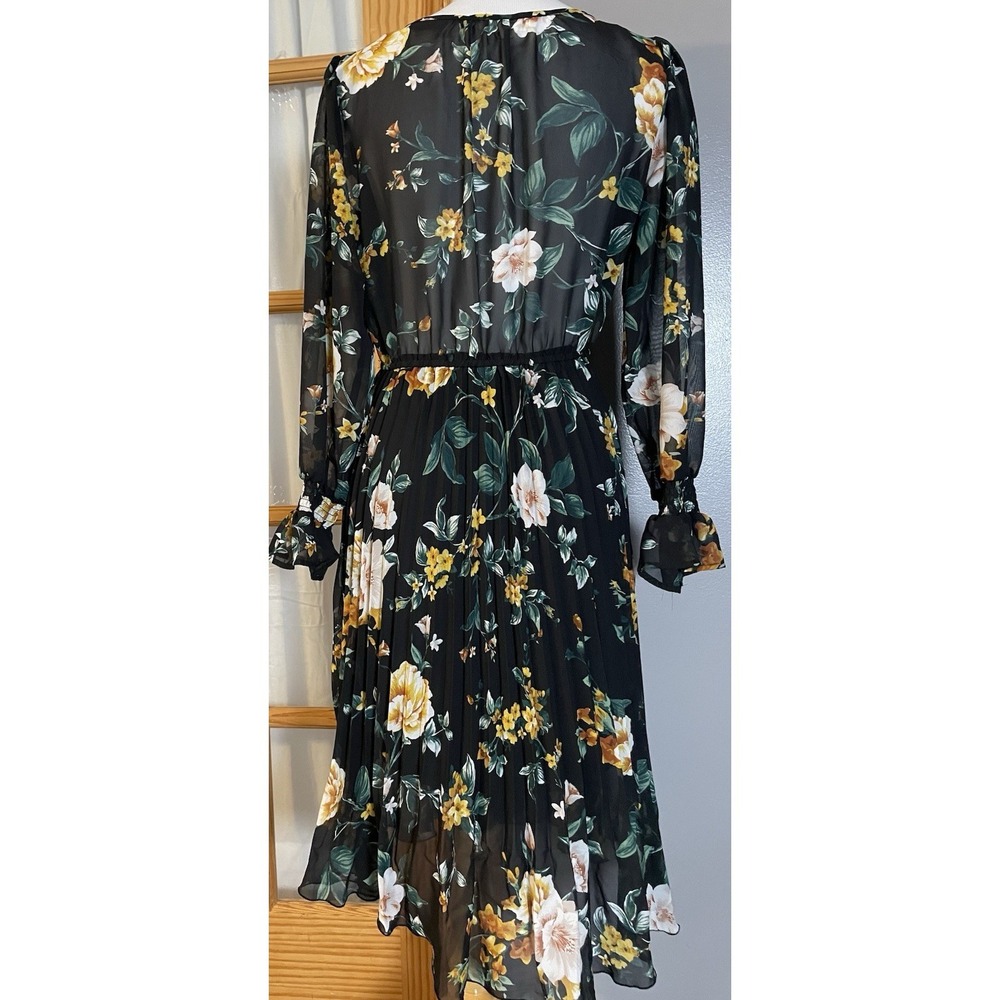 Indigo Rose Pleated Floral Dress Sz M Gold Pink Long Sleeve Career Party Cottage - Picture 3 of 12